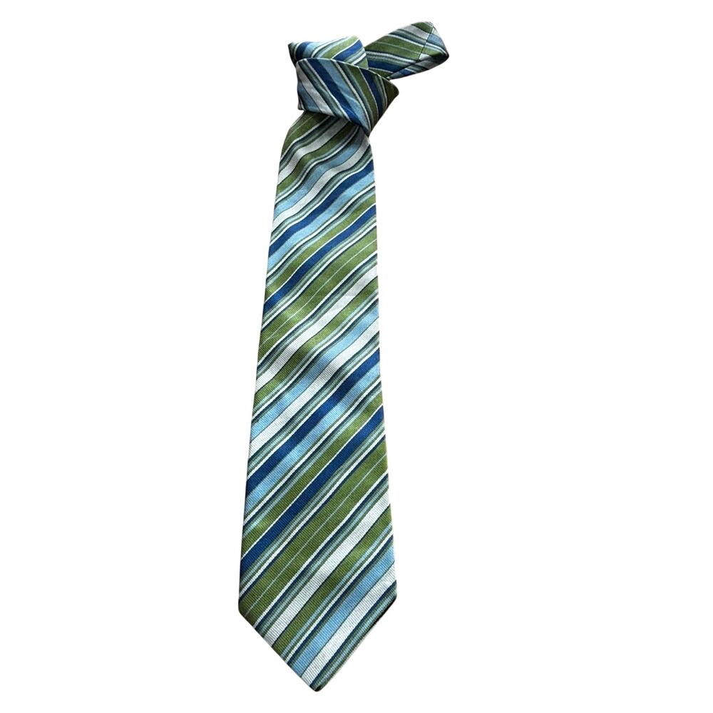 Vintage Burberry London long silk necktie green blue stripe hand made in England - Picture 2 of 13